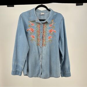 Women’s XL Vintage Pink‎ Yellow Green Embroidered Denim Shirt with Floral Design
